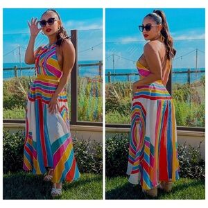 Zimmermann Fiesta Rainbow Striped Linen Halter Neck Midi Dress size 2 | US 10